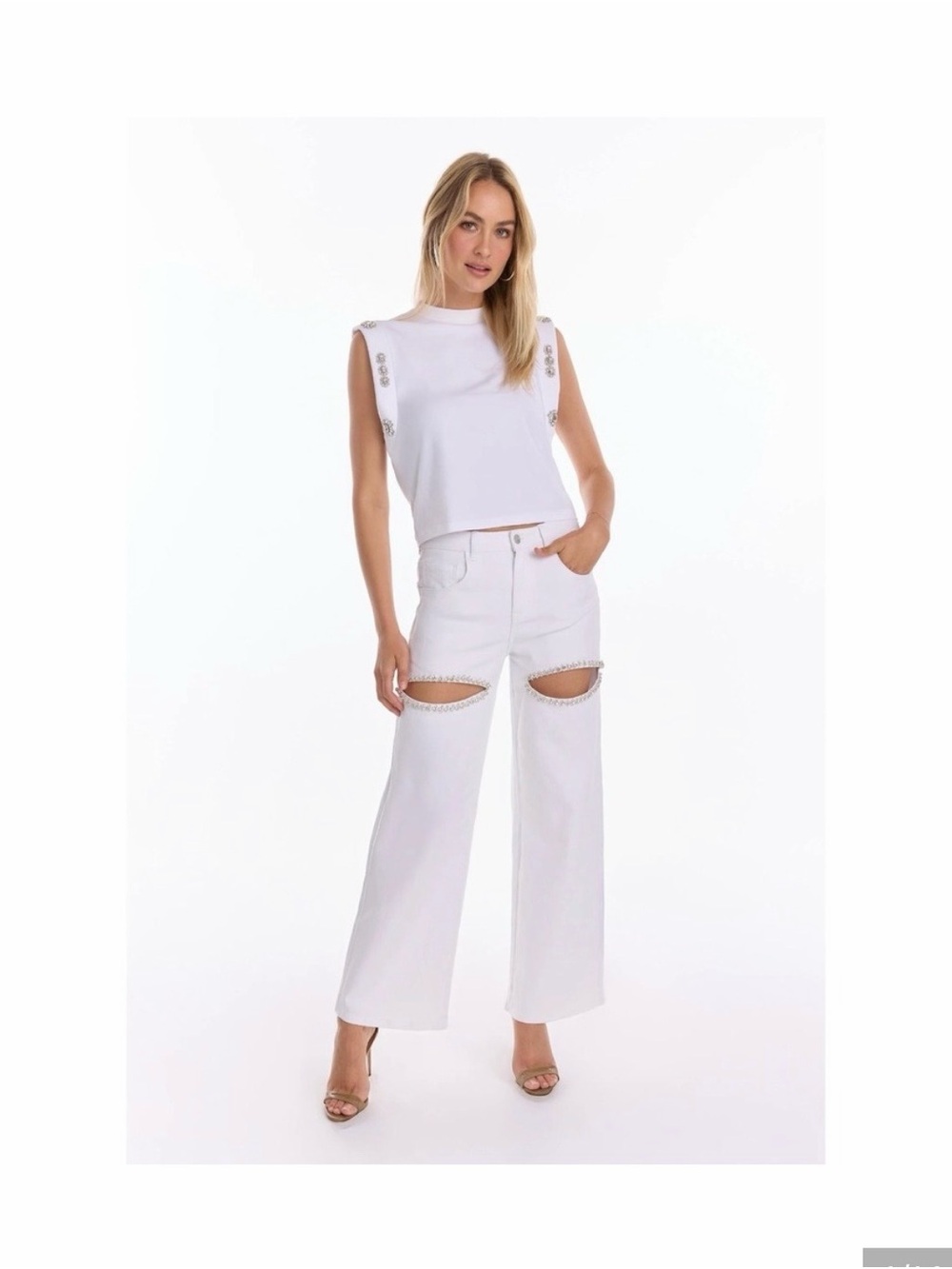 Noli White Wide Leg Rhinestone-Trim Jeans - Women